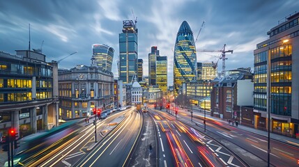 Poster - A dynamic cityscape at dusk, showcasing modern architecture and light trails from traffic.