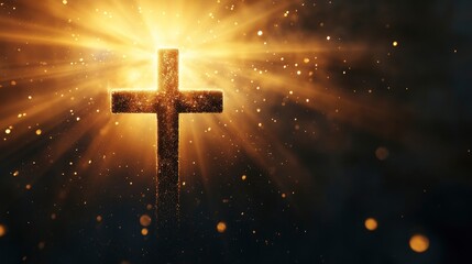 cross of jesus christ on sorrow darkness and bright light and rays background with generative ai