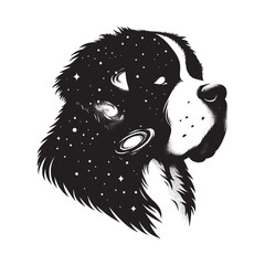 silhouette of st, bernard dog, filled with space and sci-fi element in rough drawing,