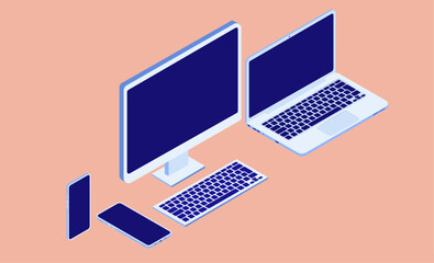Poster - Isometric computers and mobile phones mockup template - Vector illustration graphic of desktop pc, laptop and smartphone with blank dark screen