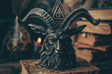 Poster - A statue of a goat wearing a small pyramid on its head, great for use in fantasy or mythology themed designs