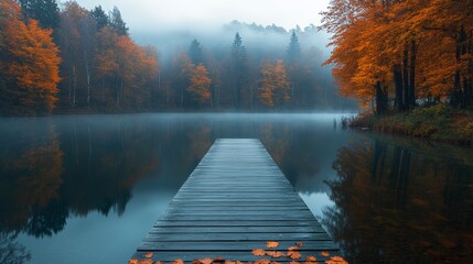 Wall Mural - Wooden pier extending on tranquil lake surrounded by autumn colors and morning mist