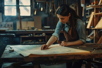 Aufkleber - A woman works on a piece of paper in a well-lit workshop setting