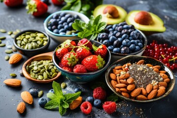 Aufkleber - A colorful arrangement of fresh fruits and nuts on a table