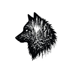 silhouette of Wolf, filled with destroyed futuristic dystopia environment in rough drawing,