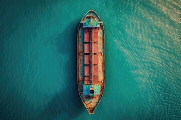 Poster - A large boat floats on the surface of a calm lake or sea, perfect for use in travel, adventure, or outdoor lifestyle images