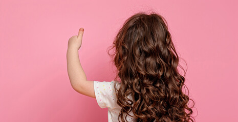 Portrait of a beautiful girl with luxurious curly long hair giving a thumbs up on pink background. Back view.