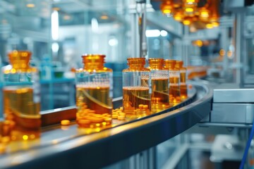Poster - A conveyor belt loaded with various sized bottles of liquid, great for commercial or industrial settings