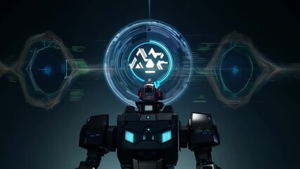 Wall Mural - Advanced robot activates holographic ai interface with mesmerizing display
