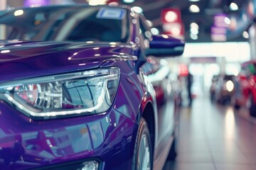 A purple car is displayed in a modern showroom with sleek lines and clean design