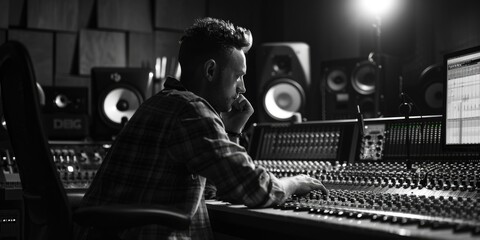 Aufkleber - A person sitting in front of a mixing console, possibly recording or producing music