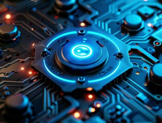 Poster - Close-up of a glowing blue power button on a detailed electronic motherboard circuitry
