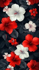 Poster - Red and white hibiscus flowers forming a floral background