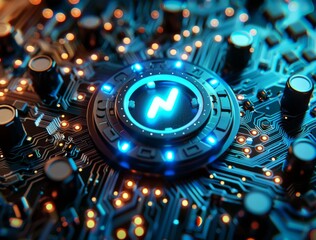 Poster - Glowing blue power button on a futuristic circuit board with orange lights