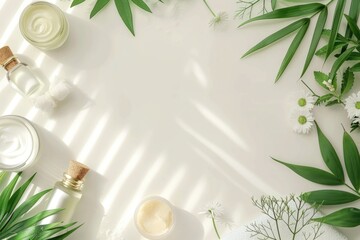 Poster - Variety of skin care products on a white table, ideal for editorial or commercial use
