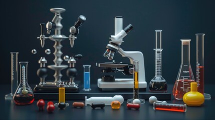 Poster - A microscope and various lab tools sit on a table, ready for use
