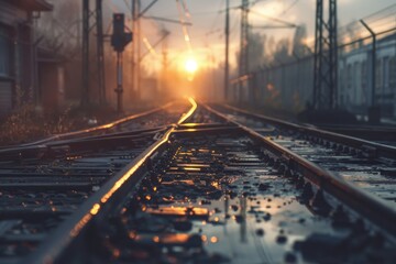 Poster - A train track with the sun setting in the background, great for travel or adventure themes