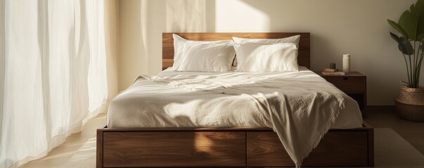 Canvas Print - Sun shining on a modern minimalist bedroom with king size bed