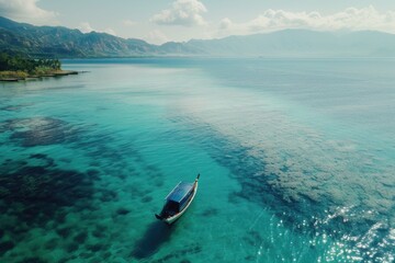 Poster - A small boat floats on the surface of a calm body of water, suitable for use in travel or relaxation-related concepts