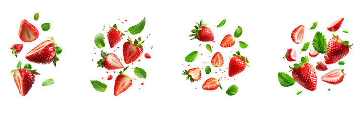 Wall Mural - Strawberry with half slices falling or floating in the air with green leaves Isolated on a transparent background