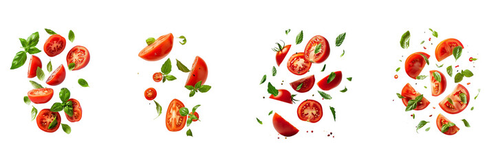 Wall Mural - Tomato with half slices falling or floating in the air with green leaves Isolated on a transparent background