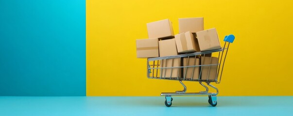 Wall Mural - Shopping cart full of cardboard boxes representing online shopping and delivery