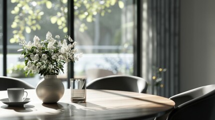 Poster - A vase of flowers sits on a wooden table, perfect for decorating an office or home