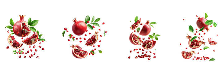 Wall Mural - Pomegranate with half slices falling or floating in the air with green leaves Isolated on a transparent background