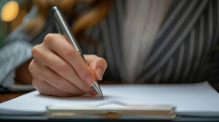 Poster - Businesswoman Writing Notes in Office, Close-Up on Hand with Pen, Professional Work Environment, Task Management, Daytime, Focus and Productivity Concept
