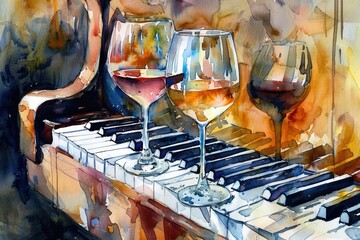 Wall Mural - Musical Harmony: Wine and Piano Keys in Watercolor Illustration