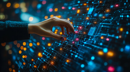 Poster - Data Professionals Implementing Governance Policies on Digital Interface for Ensuring Data Quality and Compliance at Night, Reflecting Technological Advancement and Stringent Data Management
