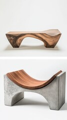 Poster - Modern wooden bench and chair combining concrete and wood in a minimalist interior design