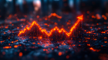 Poster - Dynamic 3D Financial Growth Graph with Upward Arrow on Dark Blue Background Illustrating Stock Market and Investment Concepts in Modern Trading Environment