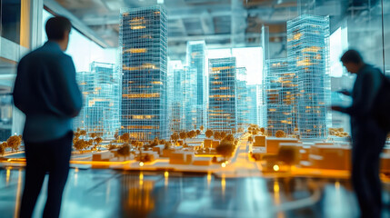 Poster - city planners discussing blueprints and ai-driven urban development projects with high-rise model bu