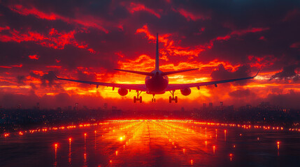 Wall Mural - Airplane Taking Off at Fiery Sunset, Illuminated Runway, Spectacular Evening Sky, Aviation Beauty, Travel Inspiration