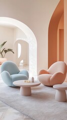 Poster - Elegant modern living room interior with pastel colors and designer armchairs displaying comfort and style