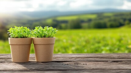 Poster - Two small plants are sitting in two brown paper cups, AI