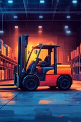 Wall Mural - A forklift in a warehouse, illuminated by warm lighting, showcasing industrial storage.