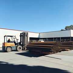 Wall Mural - A forklift transporting stacked steel beams outside a warehouse.