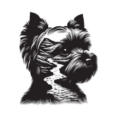 silhouette of Yorkshire Terrier, filled with river view in rough drawing,