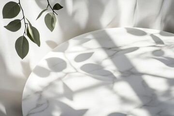 Poster - Round marble table surface creating leaf patterns on a light wall background for product display presentation