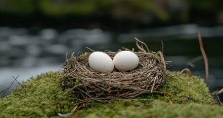 Wall Mural - Nest with two white eggs in the moss