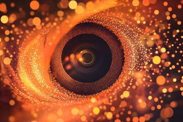 Poster - Aperture icons in bright orange circles and illuminated areas on a deep black background
