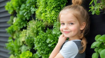 Poster - A young girl smiling while leaning against a wall of plants, AI