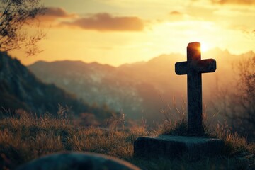 Easter and Good Friday concept, Empty tombstone with cross on mountain sunrise background with generative ai