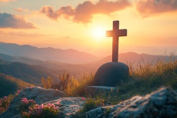 Easter and Good Friday concept, Empty tombstone with cross on mountain sunrise background with generative ai