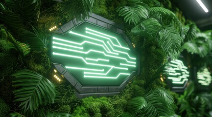 Poster - Glowing futuristic hexagon in lush green jungle