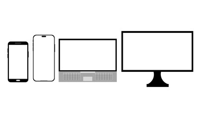 Wall Mural - Device mockup template. Set of computer monitor, computer, laptop, phone, tablet isolated on green background. Flat vector illustration. Flat design devices icons