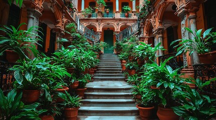 Wall Mural -   A pathway with potted plants on each side, leading to two sets of steps up to separate buildings