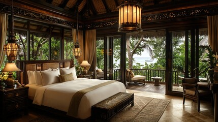 Wall Mural -   A bed sits in a bedroom next to a window offering a view of a distant body of water